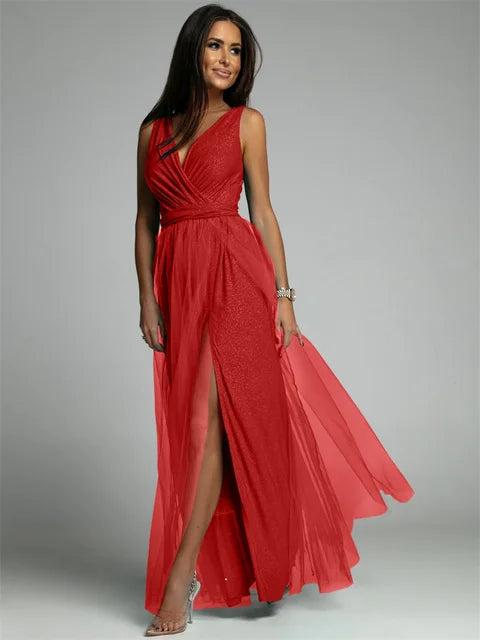 Robe de soirée de luxe pour femme, en tulle et fente