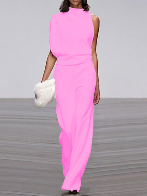 Women's One Shoulder Wide Leg Jumpsuit Sleeveless Formal