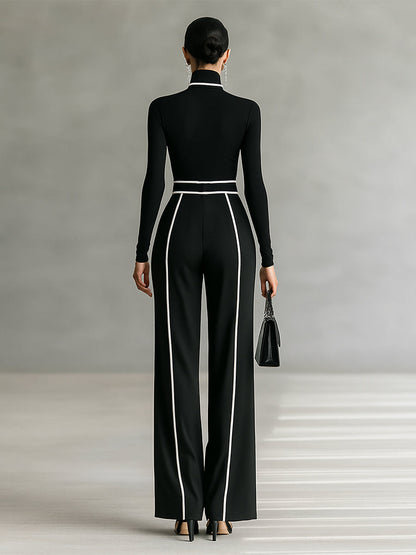 Set aus Damen-Rollkragenpullover und Hose mit weitem Bein