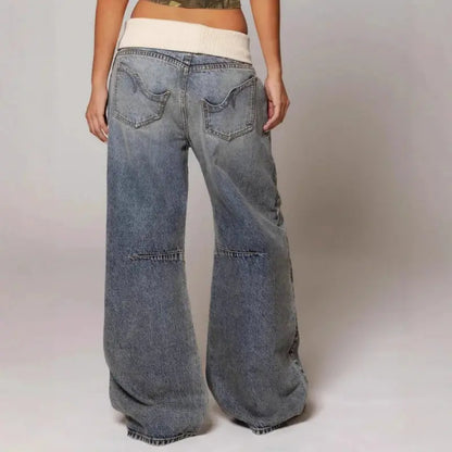Jolina - Damen Baggy Jeans Mit Weitem Bein Und Geripptem Bund