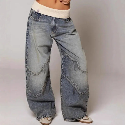 Jolina - Damen Baggy Jeans Mit Weitem Bein Und Geripptem Bund