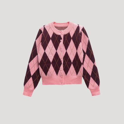 Angela | Knit Cropped Argyle Cardigan