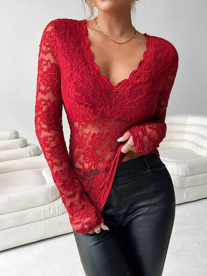 Arista - Damen Spitzenbluse Mit V Ausschnitt Und Langarm