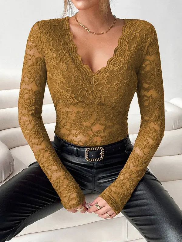 Arista - Damen Spitzenbluse Mit V Ausschnitt Und Langarm
