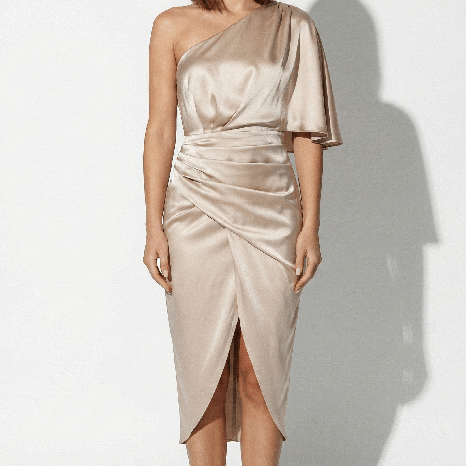 Gina | Satin One-Shoulder Wrap Midi Dress