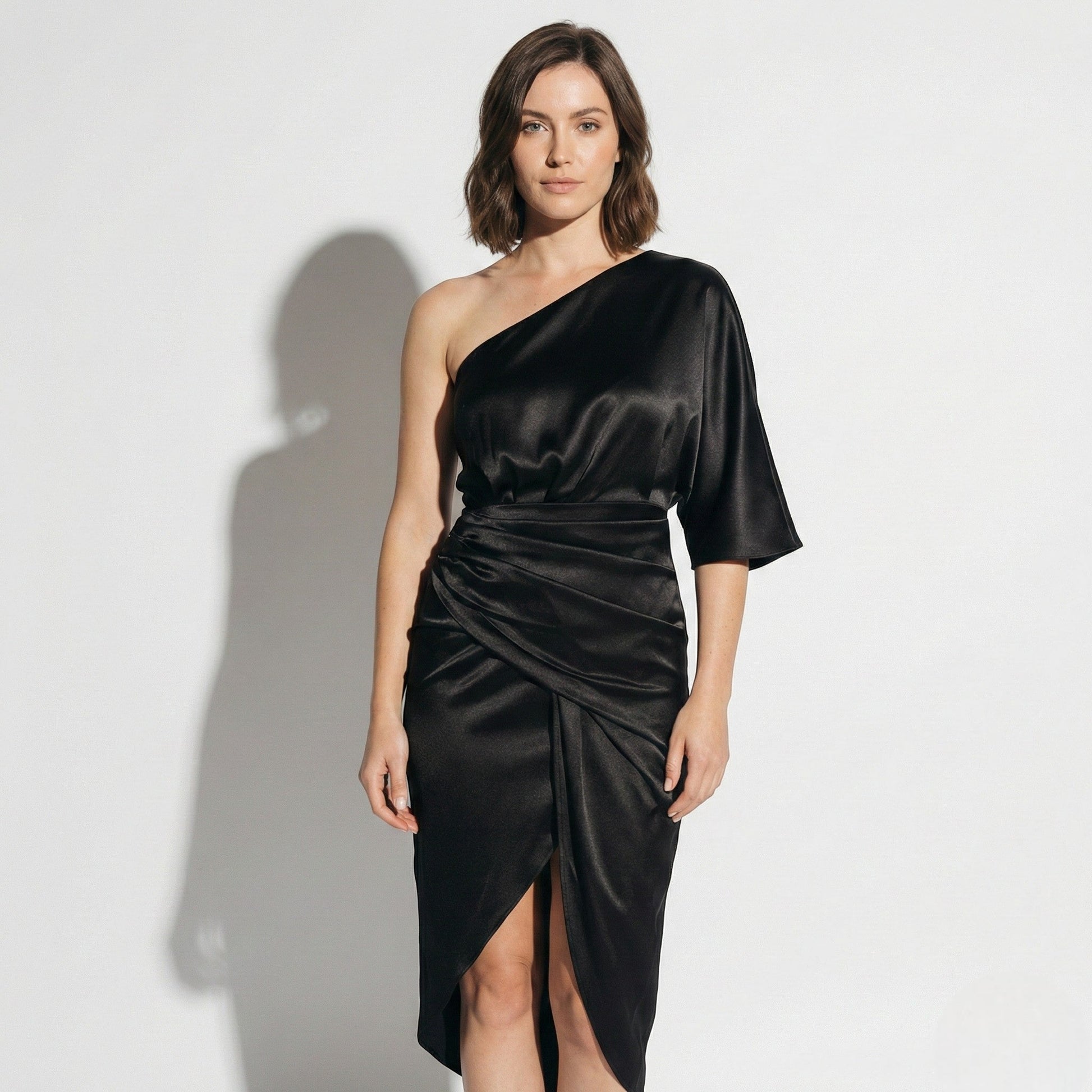 Gina | Satin One-Shoulder Wrap Midi Dress
