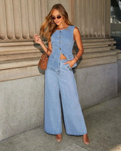 Kalina | Denim Wide-Leg Trousers with Waistcoat