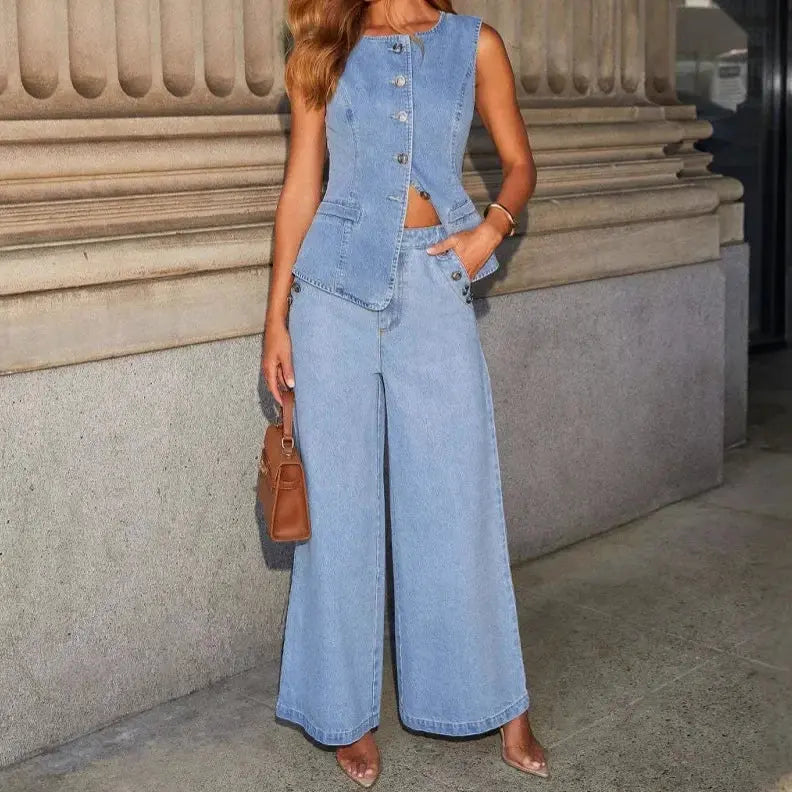 Kalina | Denim Wide-Leg Trousers with Waistcoat