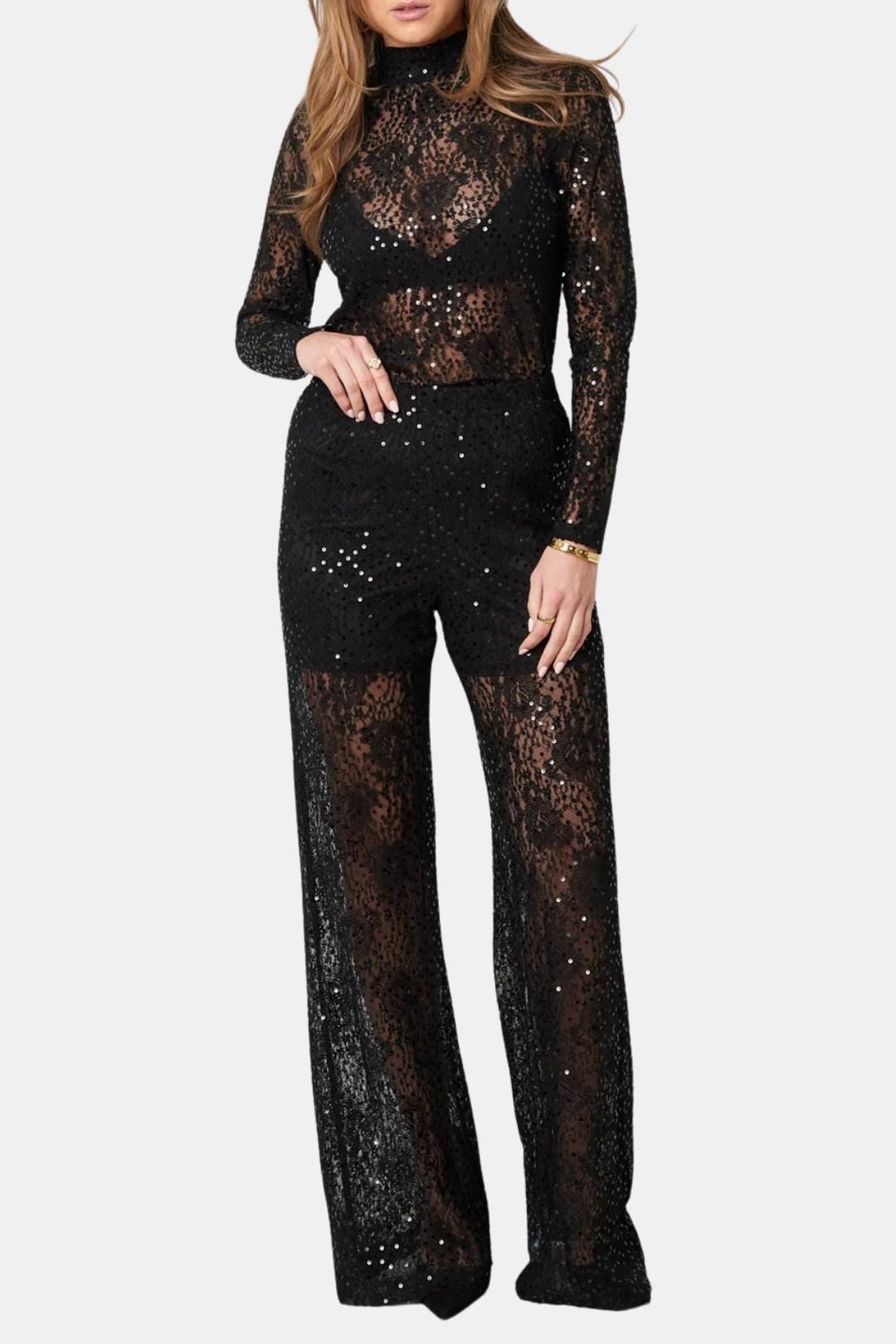 Madeleine – Wide-Leg Lace Pants with Glitter in Black