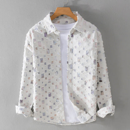 Men's Linen Abstract Print Long Sleeve Button Down Casual Shirt