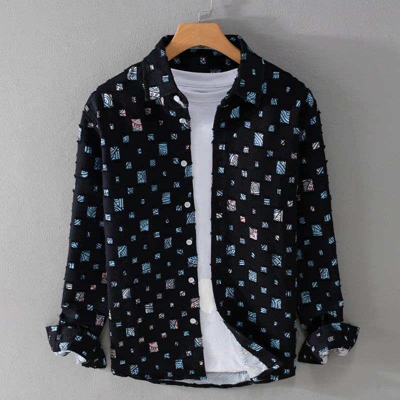 Men's Linen Abstract Print Long Sleeve Button Down Casual Shirt