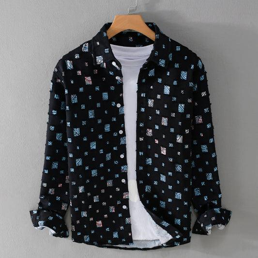 Men's Linen Abstract Print Long Sleeve Button Down Casual Shirt