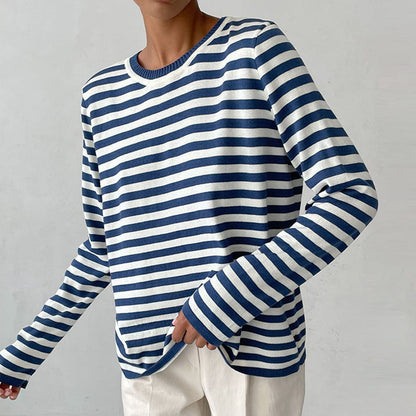 Felpa da donna a righe a maniche lunghe in maglia – Top casual con scollo rotondo