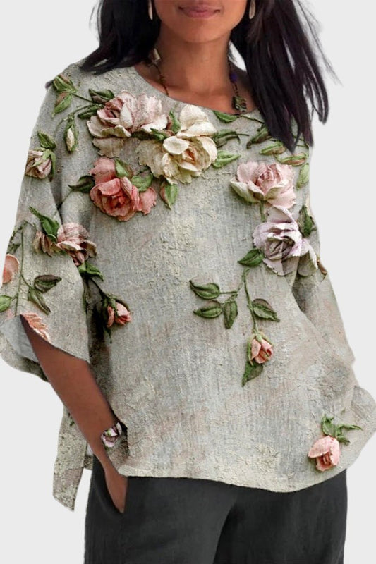 Elegant Bluse med Blomsterprint og Løs Silhuet – Naturlig Skønhed