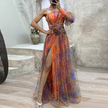 Dames Partykleed Schoudervrij Met Print Elegante Casual