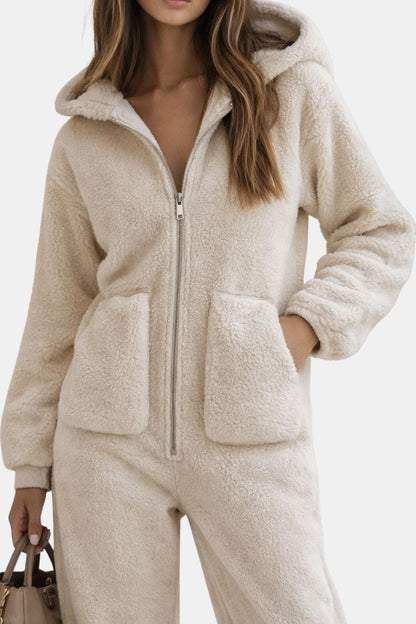 Marianna – Polar Fleece Zip-Up Hooded Jumpsuit in Beige