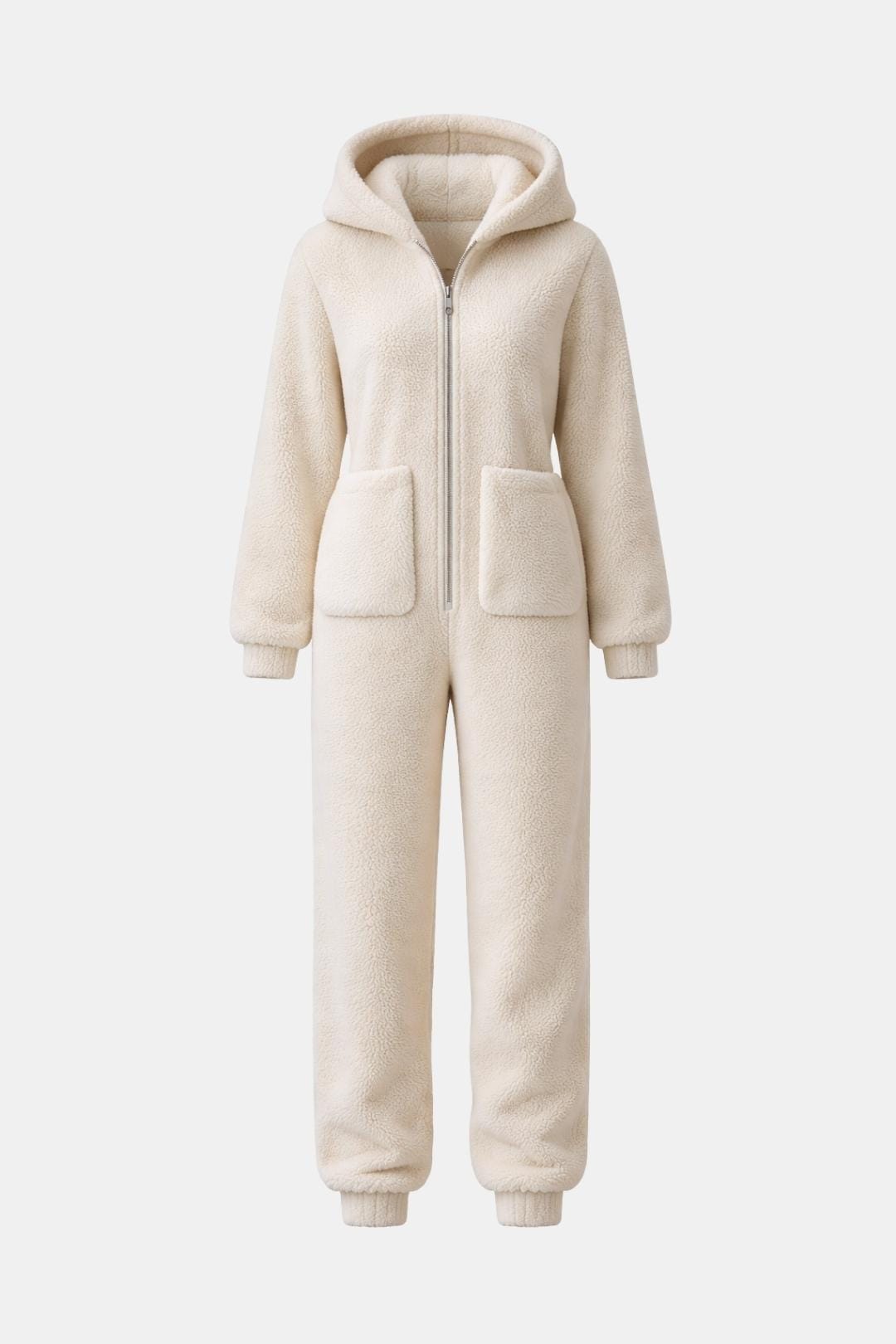 Marianna – Polar Fleece Zip-Up Hooded Jumpsuit in Beige