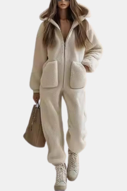 Marianna – Polar Fleece Zip-Up Hooded Jumpsuit in Beige