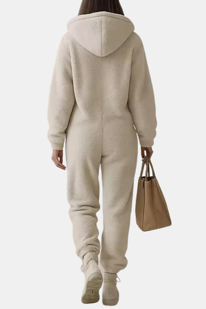 Marianna – Polar Fleece Zip-Up Hooded Jumpsuit in Beige