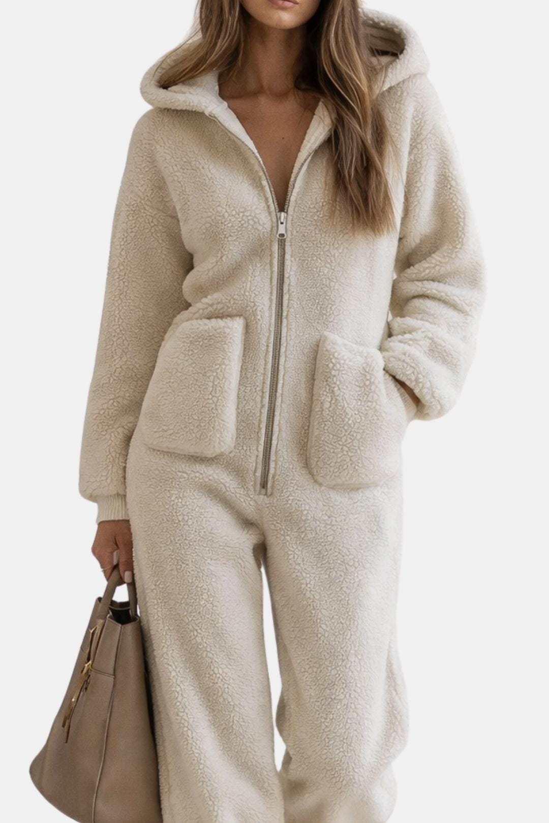 Marianna – Polar Fleece Zip-Up Hooded Jumpsuit in Beige