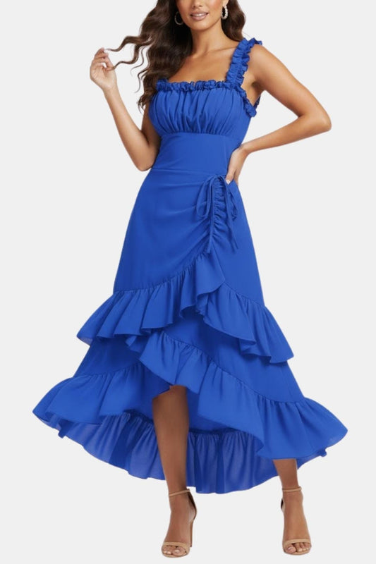 Maristella – Square Neck Ruffle A-Line Midi Dress in Royal Blue