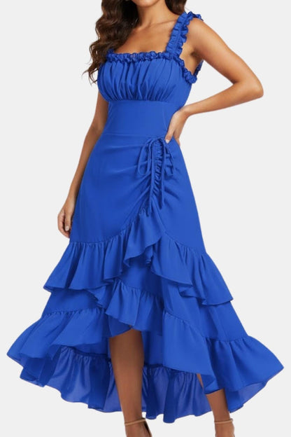 Maristella – Square Neck Ruffle A-Line Midi Dress in Royal Blue