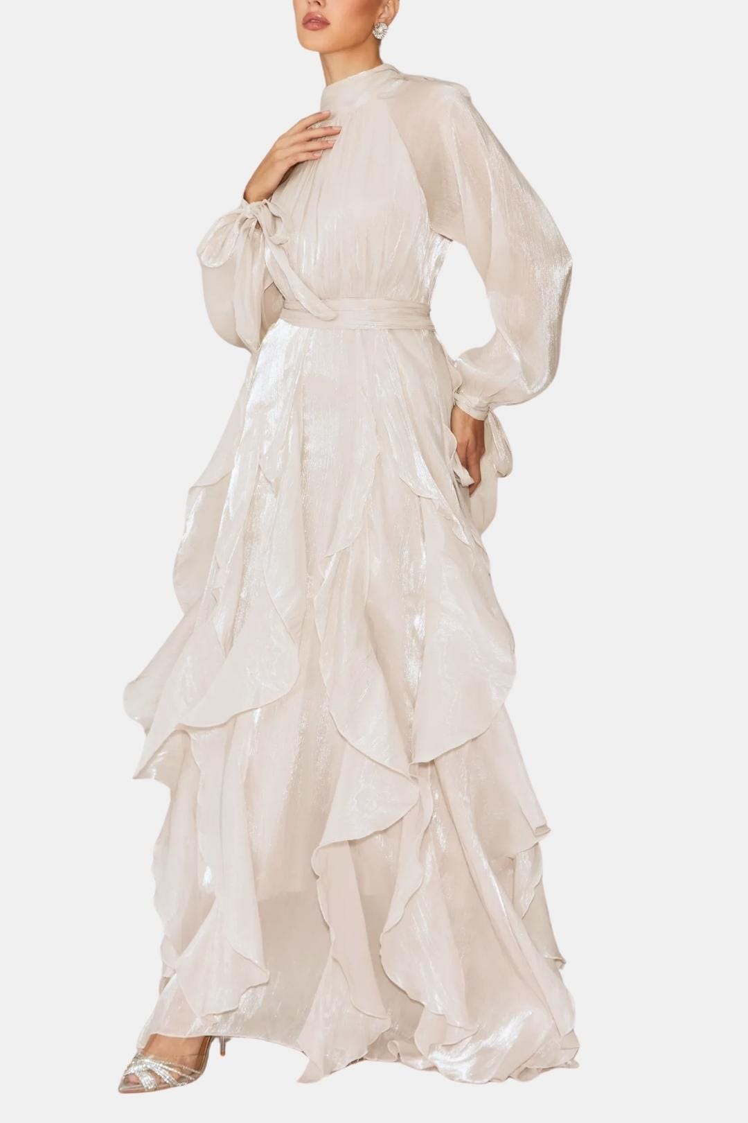 Marjorie – Puff-Sleeve Ruffle-Trim Maxi Dress with Flowing Layers