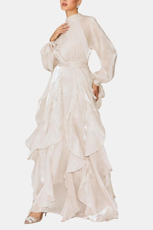 Marjorie – Puff-Sleeve Ruffle-Trim Maxi Dress with Flowing Layers
