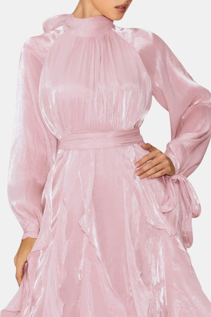 Marjorie – Puff-Sleeve Ruffle-Trim Maxi Dress with Flowing Layers