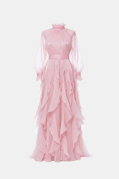 Marjorie – Puff-Sleeve Ruffle-Trim Maxi Dress with Flowing Layers