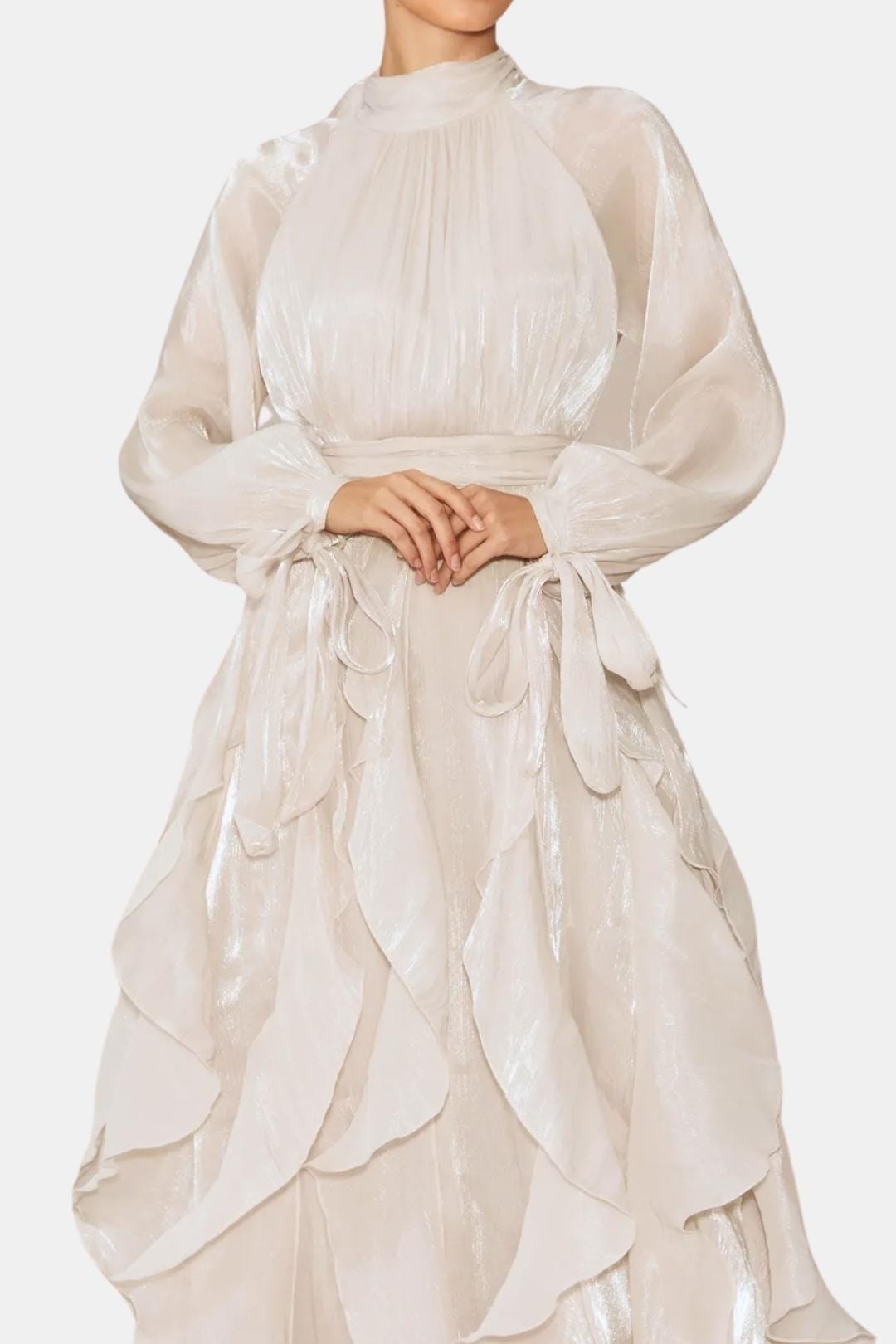 Marjorie – Puff-Sleeve Ruffle-Trim Maxi Dress with Flowing Layers
