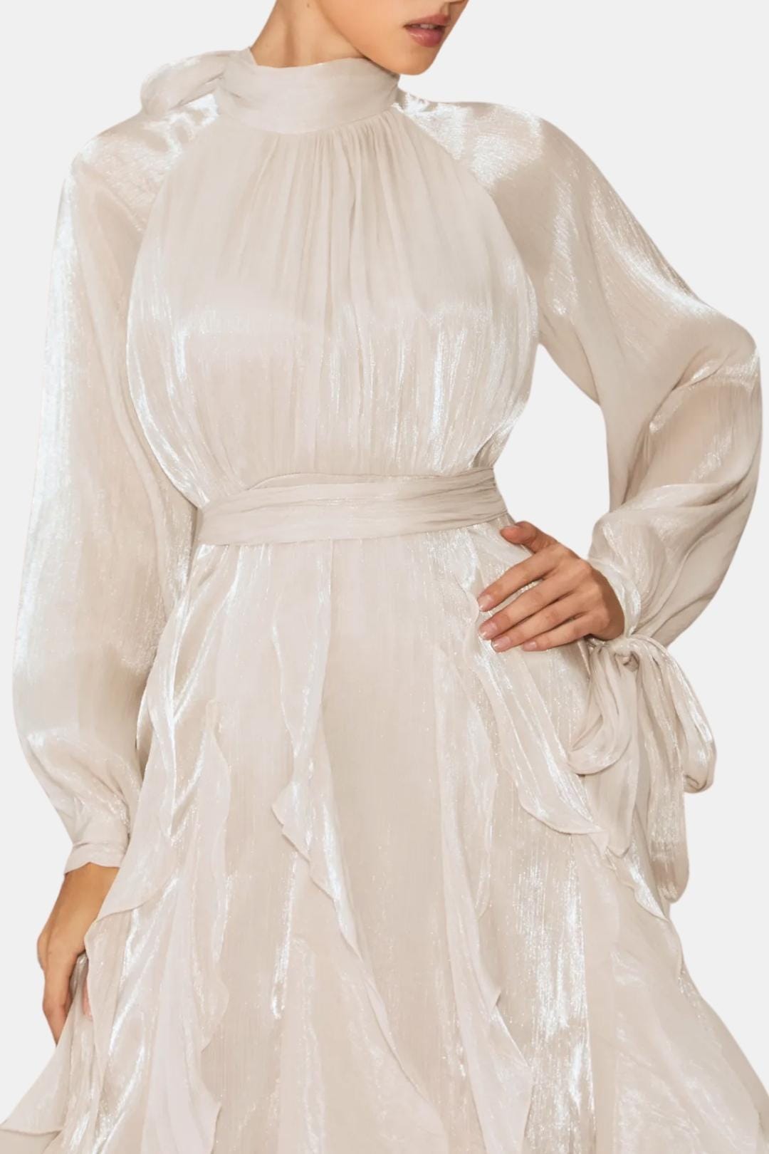 Marjorie – Puff-Sleeve Ruffle-Trim Maxi Dress with Flowing Layers