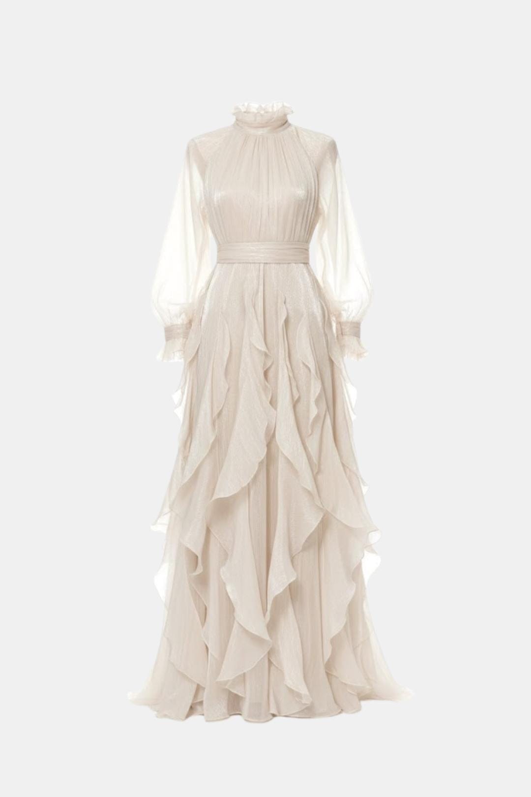 Marjorie – Puff-Sleeve Ruffle-Trim Maxi Dress with Flowing Layers