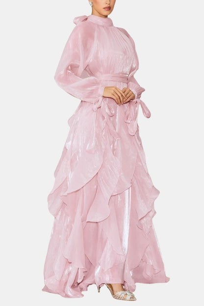 Marjorie – Puff-Sleeve Ruffle-Trim Maxi Dress with Flowing Layers