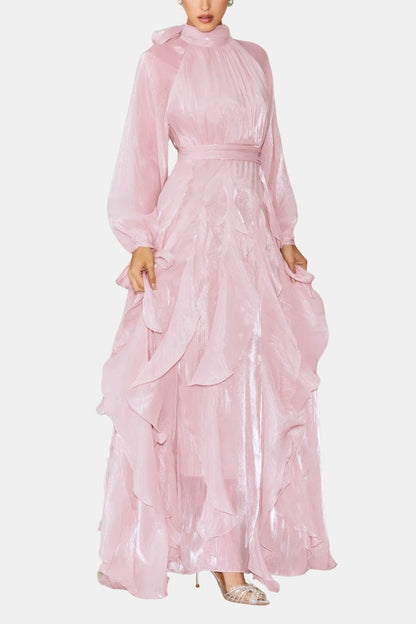 Marjorie – Puff-Sleeve Ruffle-Trim Maxi Dress with Flowing Layers
