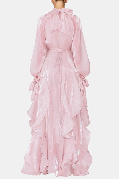 Marjorie – Puff-Sleeve Ruffle-Trim Maxi Dress with Flowing Layers