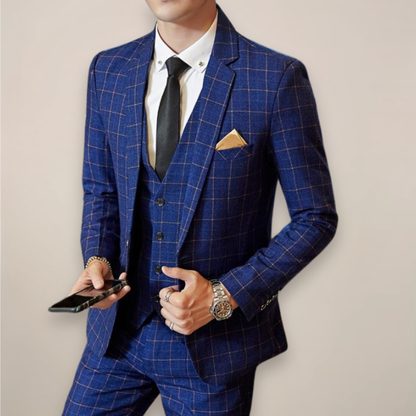Mason | Men’s Spring Three Piece Suit Check Pattern Notch Lapel Waistcoat