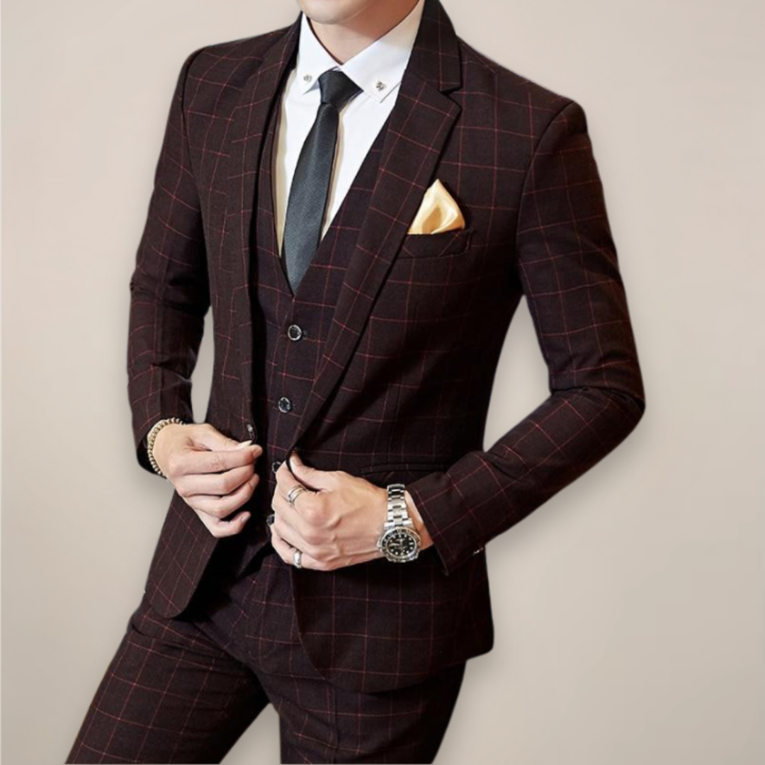 Mason | Men’s Spring Three Piece Suit Check Pattern Notch Lapel Waistcoat