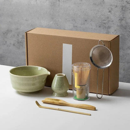 SUENTA Matcha-Set 6-teilig Keramik und Bambus für Teezeremonie Matcha Grün