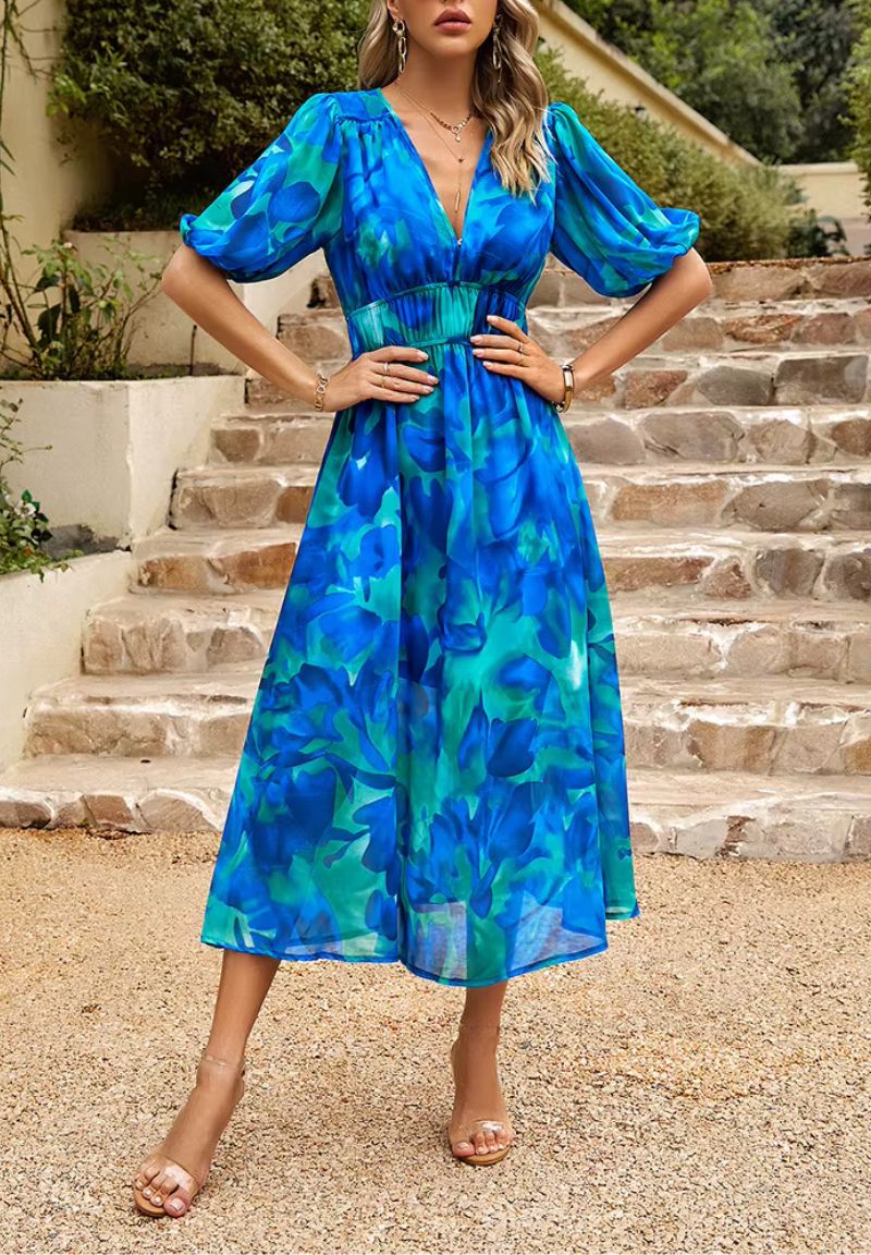 Women’s Floral Print Maxi Dress V Neck Puff Sleeve Flowing Summer Style