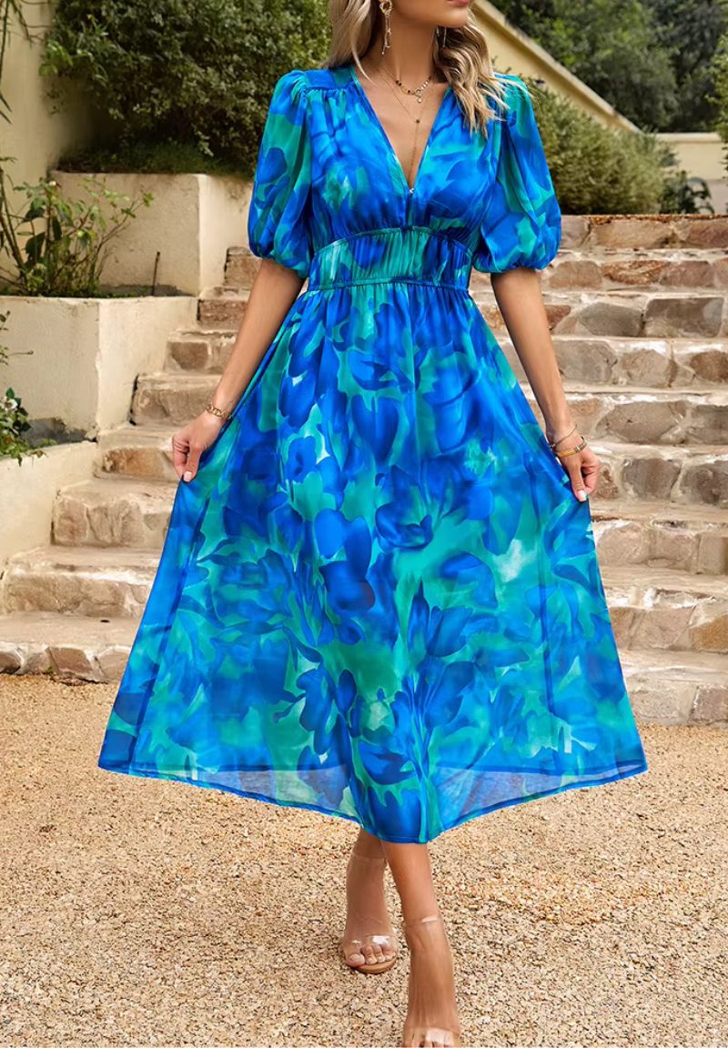 Women’s Floral Print Maxi Dress V Neck Puff Sleeve Flowing Summer Style