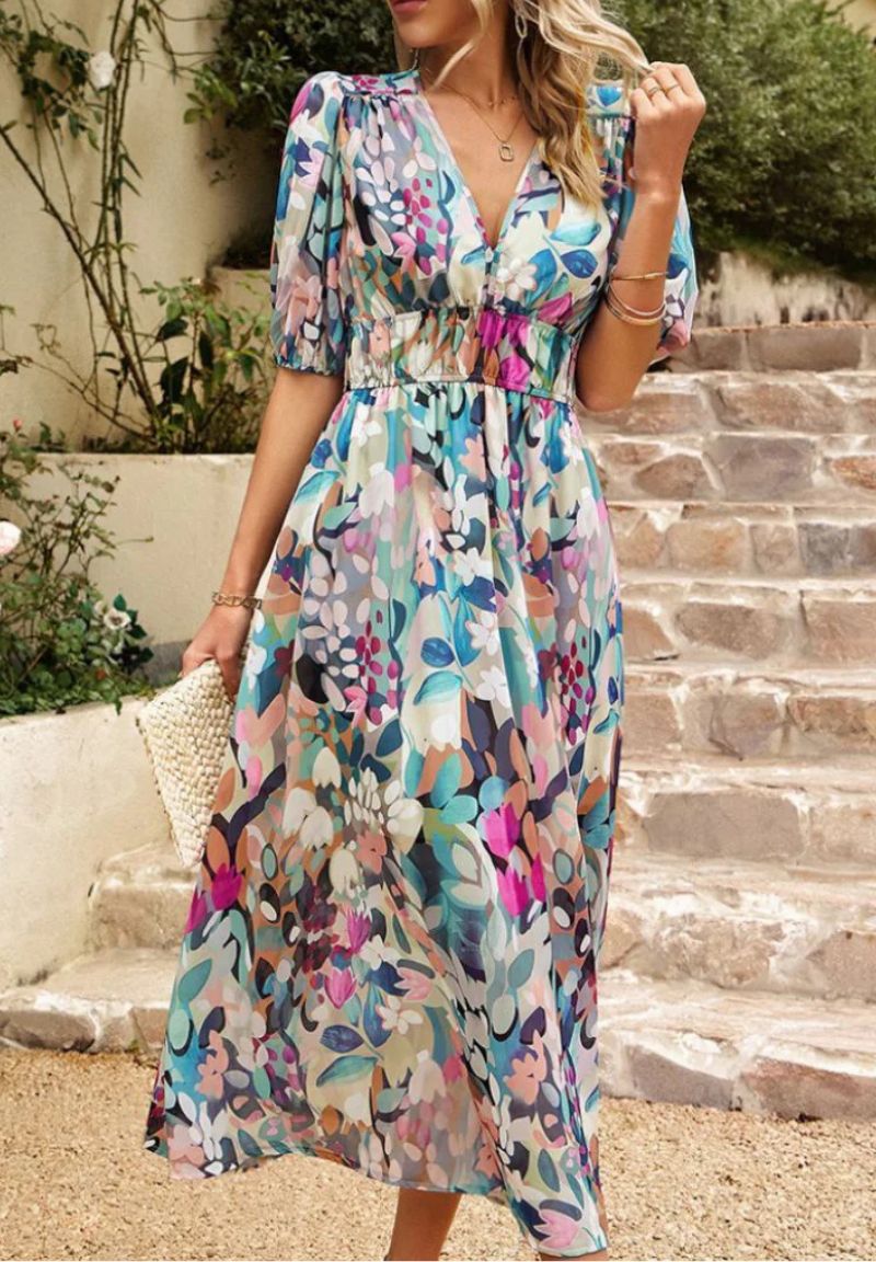 Women’s Floral Print Maxi Dress V Neck Puff Sleeve Flowing Summer Style