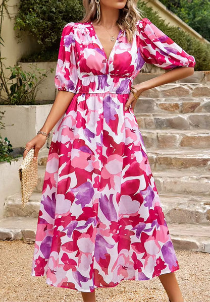 Women’s Floral Print Maxi Dress V Neck Puff Sleeve Flowing Summer Style