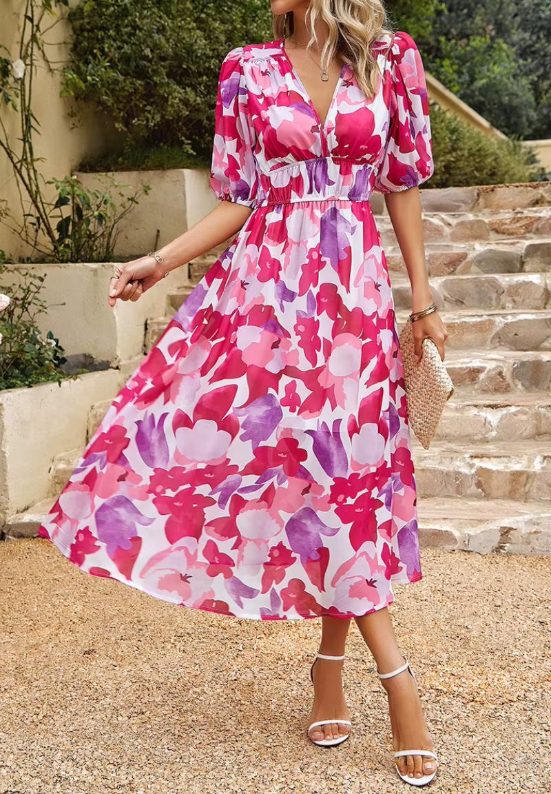 Women’s Floral Print Maxi Dress V Neck Puff Sleeve Flowing Summer Style