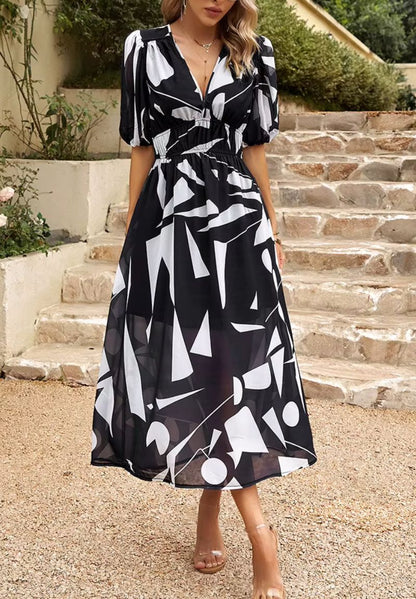 Women’s Floral Print Maxi Dress V Neck Puff Sleeve Flowing Summer Style