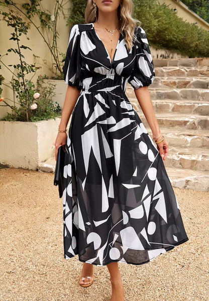 Women’s Floral Print Maxi Dress V Neck Puff Sleeve Flowing Summer Style
