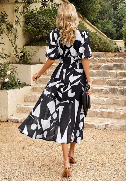 Women’s Floral Print Maxi Dress V Neck Puff Sleeve Flowing Summer Style