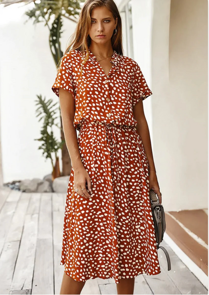Women's Spotted Print Button-Down Midi Dress
