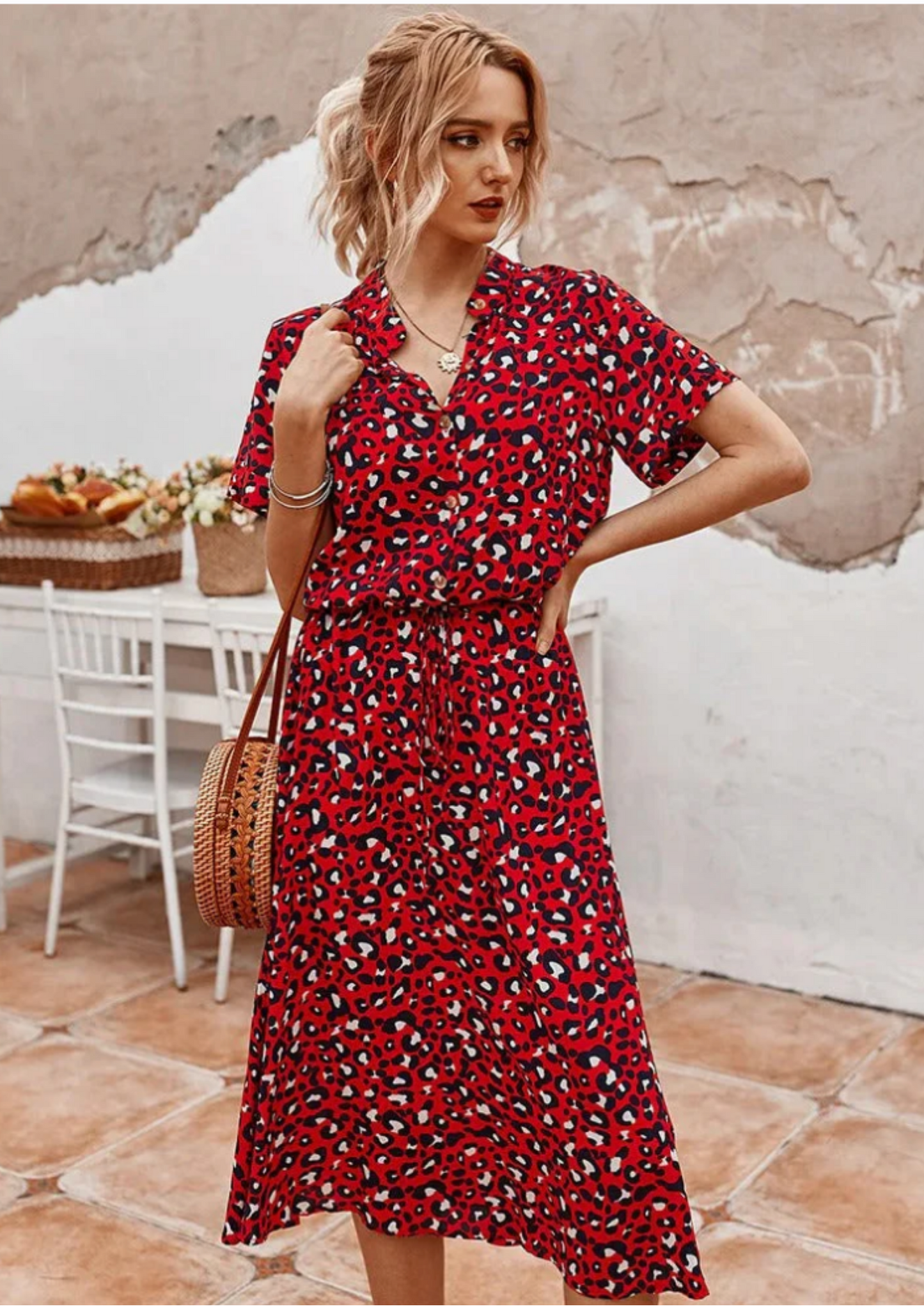 Women's Spotted Print Button-Down Midi Dress