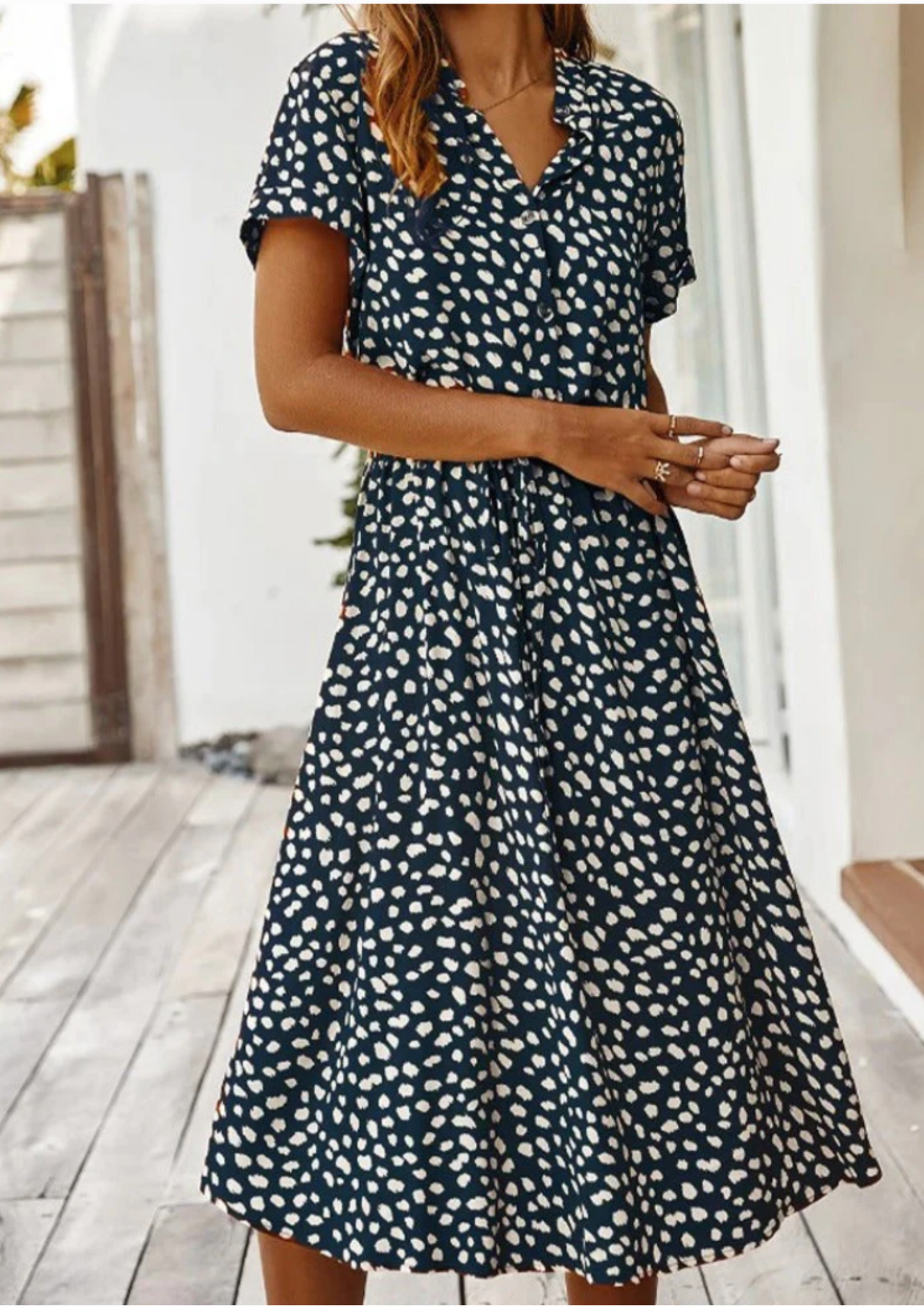 Women's Spotted Print Button-Down Midi Dress